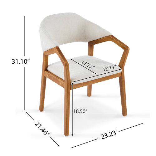 Set of 2 Beige Chenille Arm Dining Chairs, Teak Bent Wood Frame 300lbs Weight Capacity