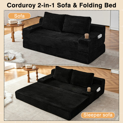 70.8-inch corduroy two-in-one sofa bed, featuring a lounge chair with two throw pillows, built-in cup holders in the armrests, and side storage pockets-ideal for living rooms, bedrooms, and relaxation