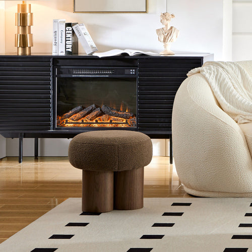 Brown Teddy Mushroom Ottoman Stool, Walnut Veneer Barrel Base Cute Footrest for Entryway & Kids Room