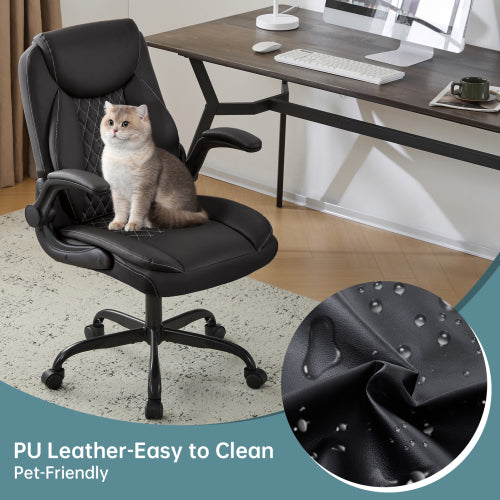 Leather Office Ergonomic Home Office Desk Chair, Back Support Swivel Executive Office Chair with Wheels and Flip-Up Armrests, Small Gaming Chair with Adjustable Rocking Function, Black