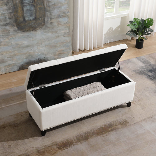 47.5inch  Storage Ottoman, Storage Bench with Safety Close Hinge, Linen Button-Tufted Ottoman for Living Room, Entryway, Hallway, Foot Rest, Support 500lbs - Beige