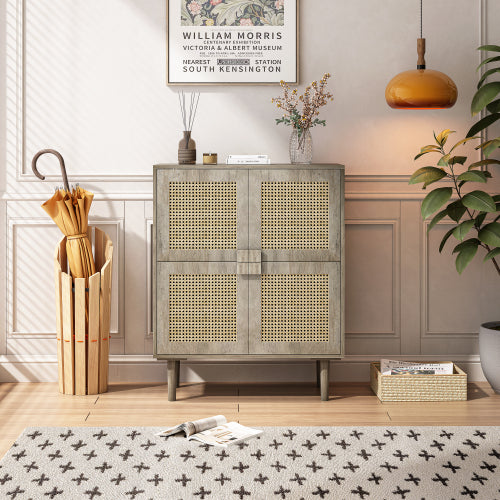 4-Doors Rattan Mesh Storage Cabinet, Sideboard with Eight Storage Spaces, for Entryway, Living Room, Hallway (Grey with Woodgrain)