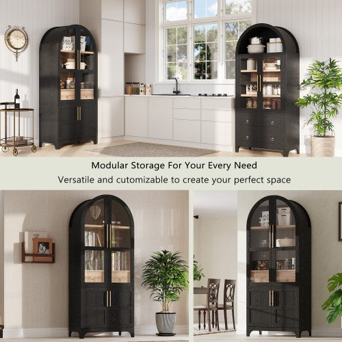 71inch  Arched Farmhouse Pantry Cabinet with Glass Doors Black