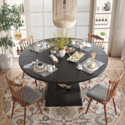 47inch Round Dining Table with Storage Base, Farmhouse Wood Kitchen Table Black