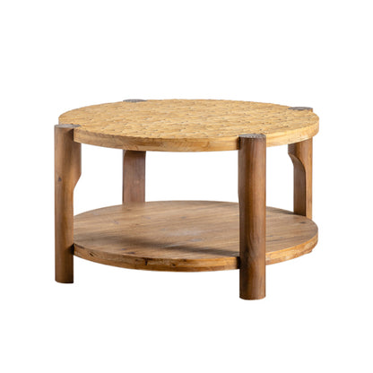 Round 2-Tier Coffee Table Solid Wood Legs Storage Shelf Mid Century Style