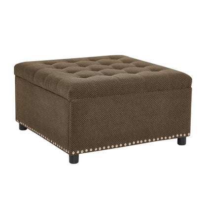 Dark Brown Tufted Square Storage Ottoman with Nailhead Trim, Upholstered Accent Foot Stool