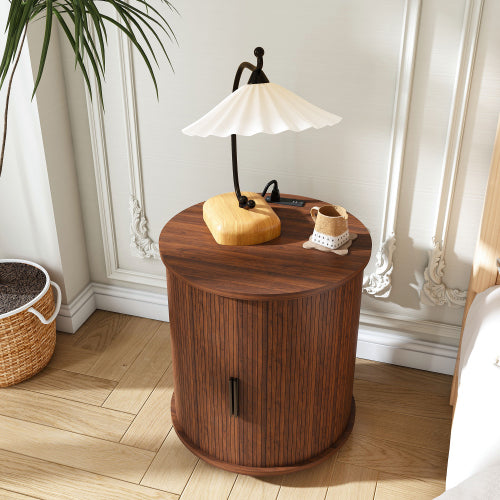 Walnut Cylinder Nightstand, Mid-Century Round Side Table with Charging Station & Sliding Door