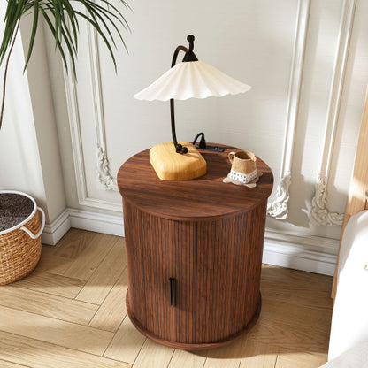 Walnut Cylinder Nightstand, Mid-Century Round Side Table with Charging Station & Sliding Door