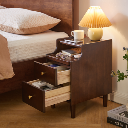 Solid Wood Nightstand with Drawer, Open Shelf and Pull-Out Storage Panel