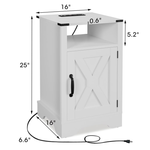 Farmhouse Nightstand with Charging Station, Wooden End Table with Storage Cabinet, White