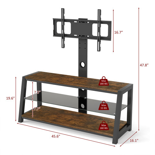 Rustic Brown Swivel TV Stand, Black Tempered Glass Height Adjustable Cart with Power Outlets for 32-65 Inch TV