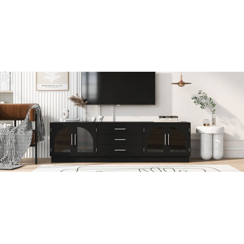 68.9 Inch Minimalist Arched Glass TV Stand for 75 Inch TV with 3 Drawers & Adjustable Shelves