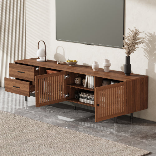 78.7 inch Walnut Slatted Door TV Stand Deep Drawers Solid Rubber Wood Legs Holds 85 inch TV