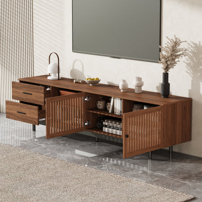 78.7 inch Walnut Slatted Door TV Stand Deep Drawers Solid Rubber Wood Legs Holds 85 inch TV