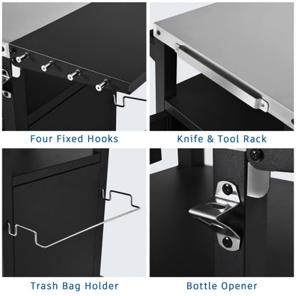 33.9 inch Outdoor Grill Cart with Drop Leaf, Outdoor Metal Bar Cart Pizza Oven Table with Wheels, Stainless Steel Top, Outdoor Kitchen Island with Storage Cabinet & Spice & Paper Rack for BBQ, Waterpr