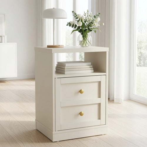 Beige Faux Drawer Nightstand with Door & Open Shelf