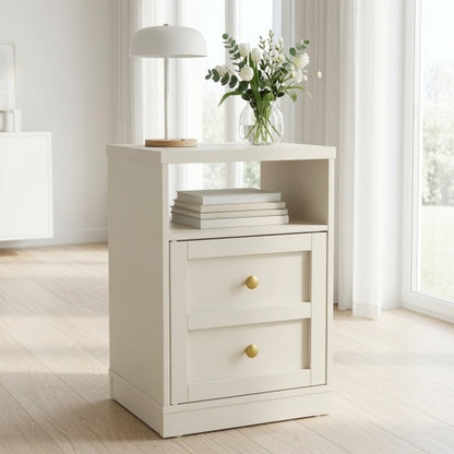 Beige Faux Drawer Nightstand with Door & Open Shelf