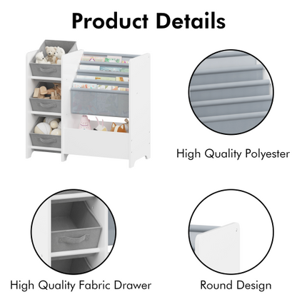 White 4-Tier Kids Bookshelf With 3 Collapsible Fabric Drawers Multi-Functional Toy Book Storage Organizer