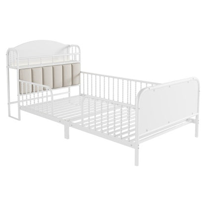 Twin Size Metal Platform Bed Frame with Light, Kids Twin Metal Bed with Upholstered and Storage Headboard, White