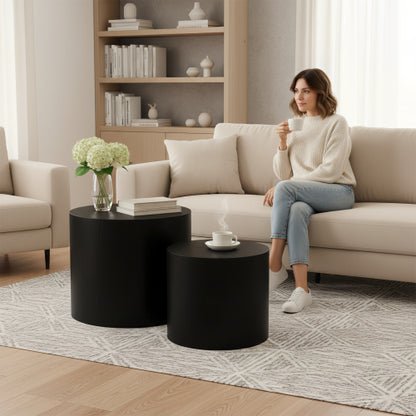 Set of 2 Matte Black Nesting Coffee Tables with Non-Slip Feet