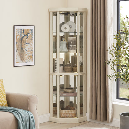 Antique White Corner Lighted Glass Curio Cabinet Adjustable Shelf Magnetic Door Home Collection Wine Display Cabinet