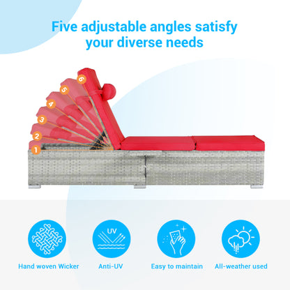 Outdoor Chaise Lounge Chair Set of 2 with Patio Pool Chairs Tanning Lounges for Outside,Beach Rattan Recliners with Adjustable Backrest, Table, Cushion for Poolside Backyard Garden