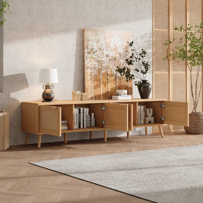 70.87 inch Natural Wood 4-Door PE Rattan TV Stand Media Console With Cable Holes For 80 inch TV