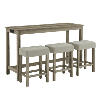59 Inch Bar Table, Dining Table, Sofa Table with Power Outlet, 3 Upholstered Stools, 4 Piece Bar Table and Chair Set for Living Room, Dining Room, Kitchen