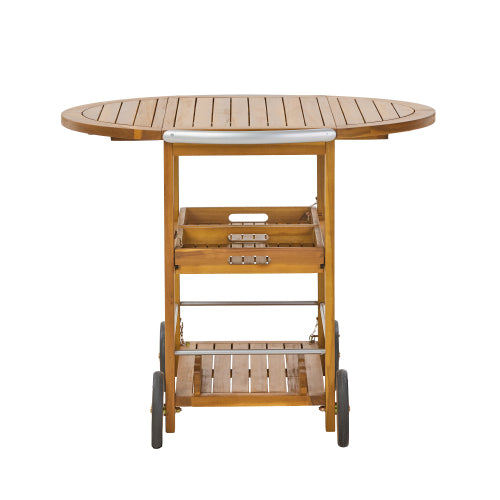 Outdoor Acacia Wood Bar Cart with Foldable Tabletop & Removable Trays, 35.5 inch Rolling Serving Cart for Patio, Deck & Backyard