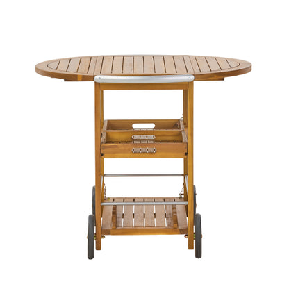 Outdoor Acacia Wood Bar Cart with Foldable Tabletop & Removable Trays, 35.5 inch Rolling Serving Cart for Patio, Deck & Backyard