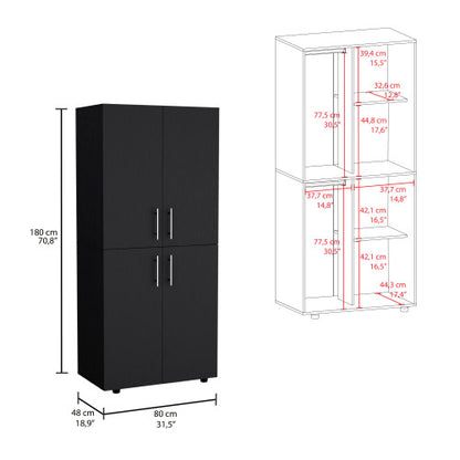 70" High Four-Door Armoire Wardrove Closet Cabinet, Six Shelves and Two Hanging Rods, Bedroom Clothes Storage Cabinet Organizer Black