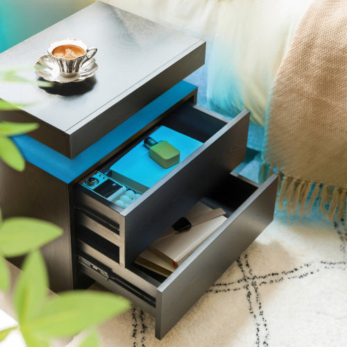 Nightstand LED Bedside Table Cabinet Lights Modern End Side with 2 Drawers for Bedroom (Black Woodgrain)