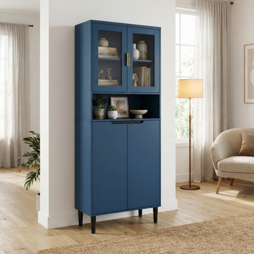 Navy Blue 4-Door Adjustable Tempered Glass Tall Storage Bookcase Cabinet