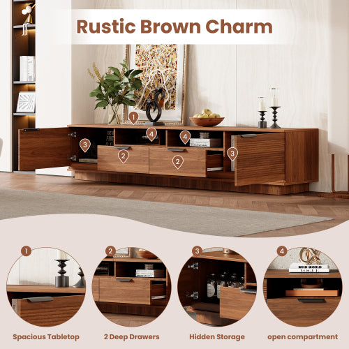 78.7 inch Walnut Wave Fluted TV Stand Legless Media Console Fits Up To 85 Inch TV