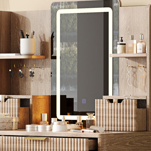 7-Drawer White Vanity Desk with LED Mirror & Carved Details, Fluted Makeup Table, Metal Legs, PU Stool & Jewelry Storage