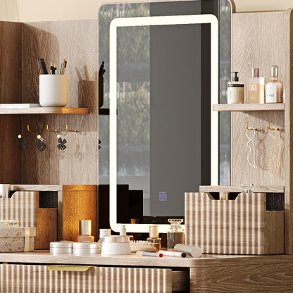 7-Drawer White Vanity Desk with LED Mirror & Carved Details, Fluted Makeup Table, Metal Legs, PU Stool & Jewelry Storage