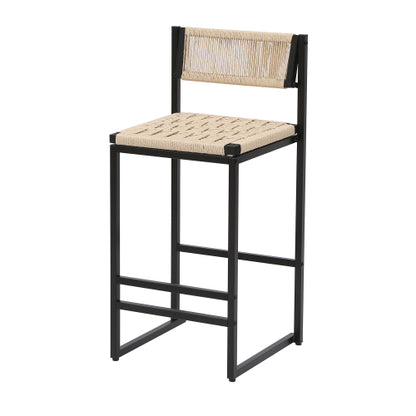 Set of 2 Woven Bar Stools with Backrest Paper Rope Weave Dining Chairs for Kitchen Island (Style B Black & Creamy White)