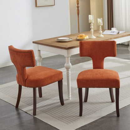 Set of 2 Orange Linen Mid-Century Farmhouse Dining Chairs, Copper Nail Curved Back Walnut Solid Wood Legs 300lbs Capacity