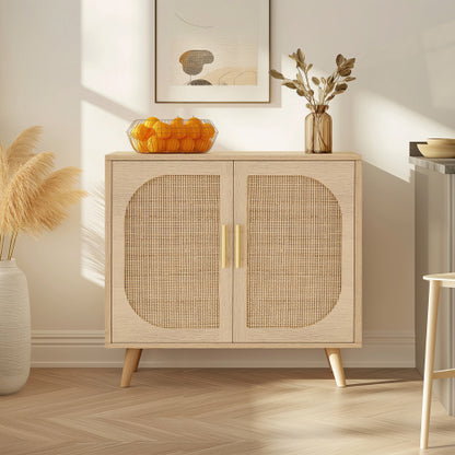 Farmhouse Buffet Cabinet with Rattan Doors Solid Wood Feet 4 Compartment Storage Cabinet