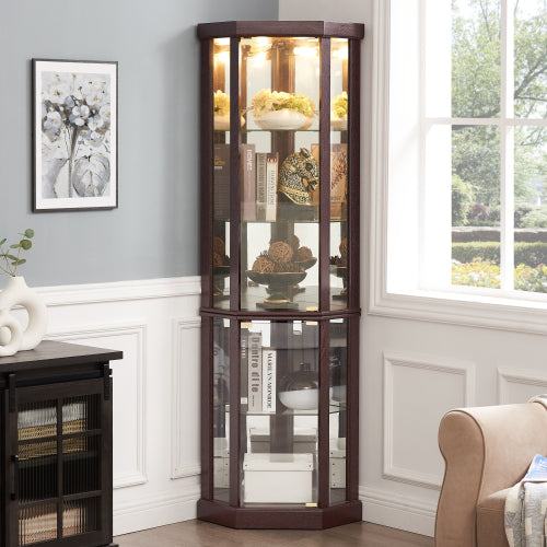 Dark Cherry Corner Lighted Glass Display Cabinet Adjustable Shelf Magnetic Closure Home Wine Collectibles Showcase