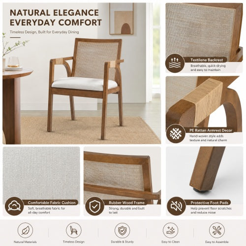 Set of 2 Walnut Rubber Wood Dining Arm Chairs, Textilene Back & PE Rattan Armrest