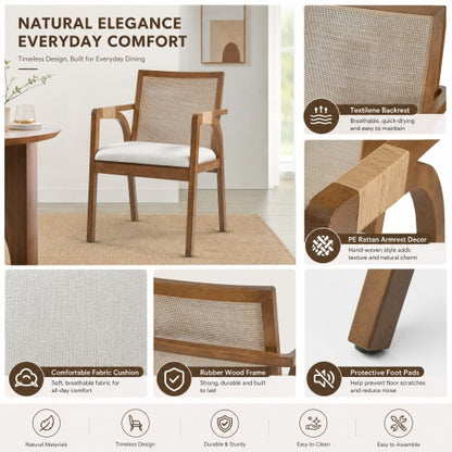 Set of 2 Walnut Rubber Wood Dining Arm Chairs, Textilene Back & PE Rattan Armrest
