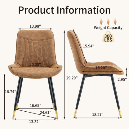 Set of 2 Brown Leathaire Tech Fabric Dining Chairs, Black Semi-Gloss Metal Leg Gold Trim Adjustable Feet Vertical Stitch High Back