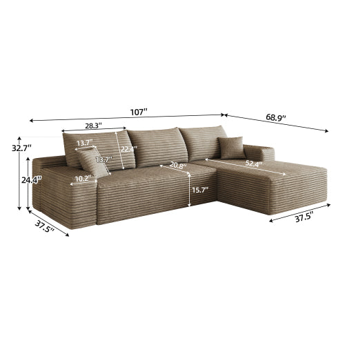 107 inch  Camel Plush Corduroy L-Shape Chaise Cloud Modular Sofa, No Assembly