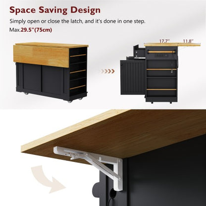 48inch Kitchen Island with 2 Bar Stools, Power Outlet, Internal Storage Rack, Kitchen Storage Cart on 5 Wheels with Drop Leaf, 5 Open Side Racks, Drawers, Black (Old SKU N707S000015B)(Three Packages)