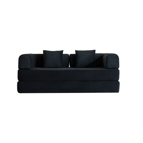 Corduroy Convertible Sleeper Sofa-Bed Fixed-Shape Metal-Frame Floor Lounge Couch with Cylindrical Pillow No-Assembly