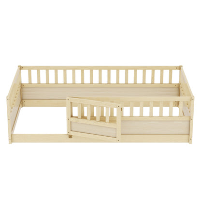 Twin Size Floor bed, integral construction with super high security barrier, door, children's floor bed frame, Montessori wooden children's floor bed,Natural Wood