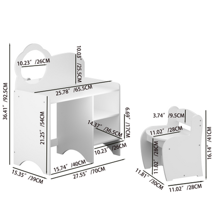 Kids Vanity Table with Mirror and Chair, Wooden Children's Dressing Makeup Desk with Storage Shelves, Playroom Bedroom, White