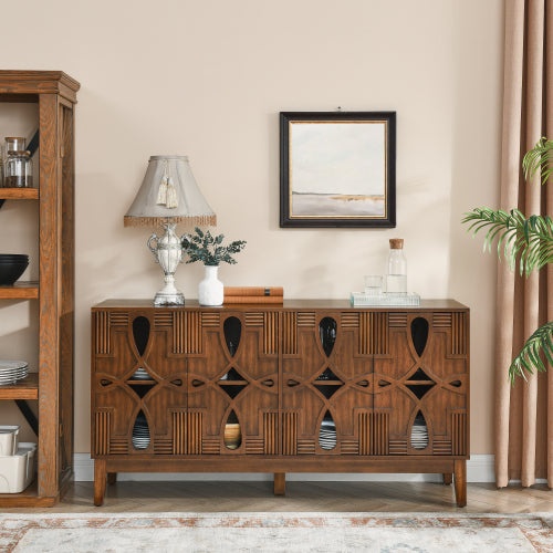 60.5 Inch Walnut Mid-Century Modern Sideboard Four-Door Adjustable Shelf TV Cabinet With Reserved Wire Holes
