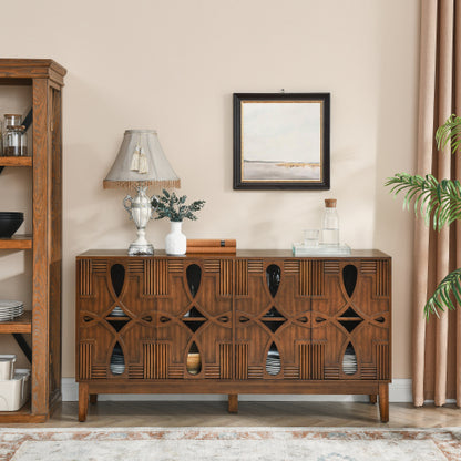 60.5 Inch Walnut Mid-Century Modern Sideboard Four-Door Adjustable Shelf TV Cabinet With Reserved Wire Holes
